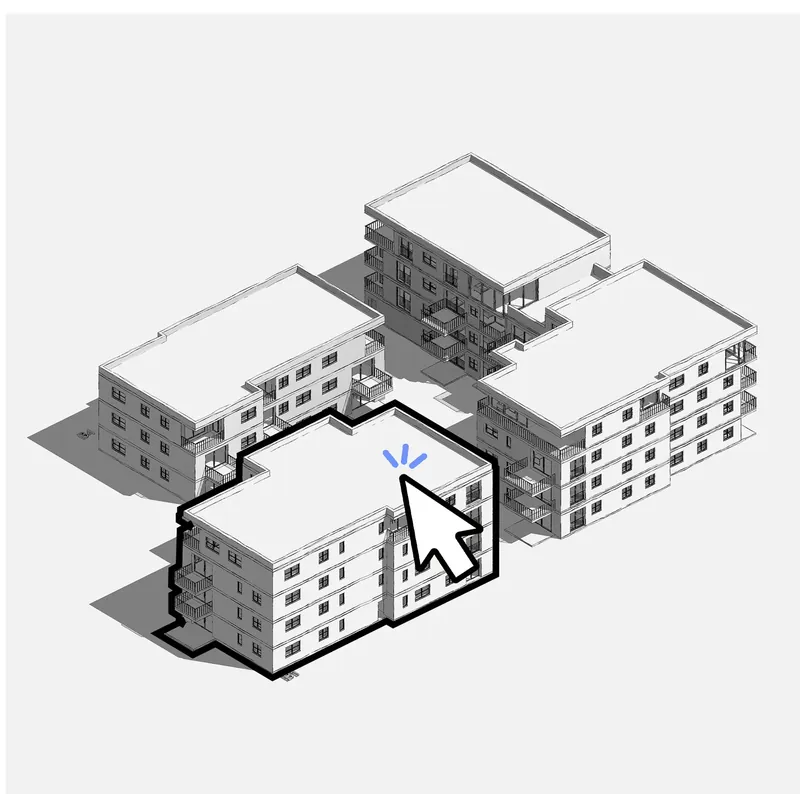 Axonometric view of four housing blocks with one selected by a cursor in the configurator