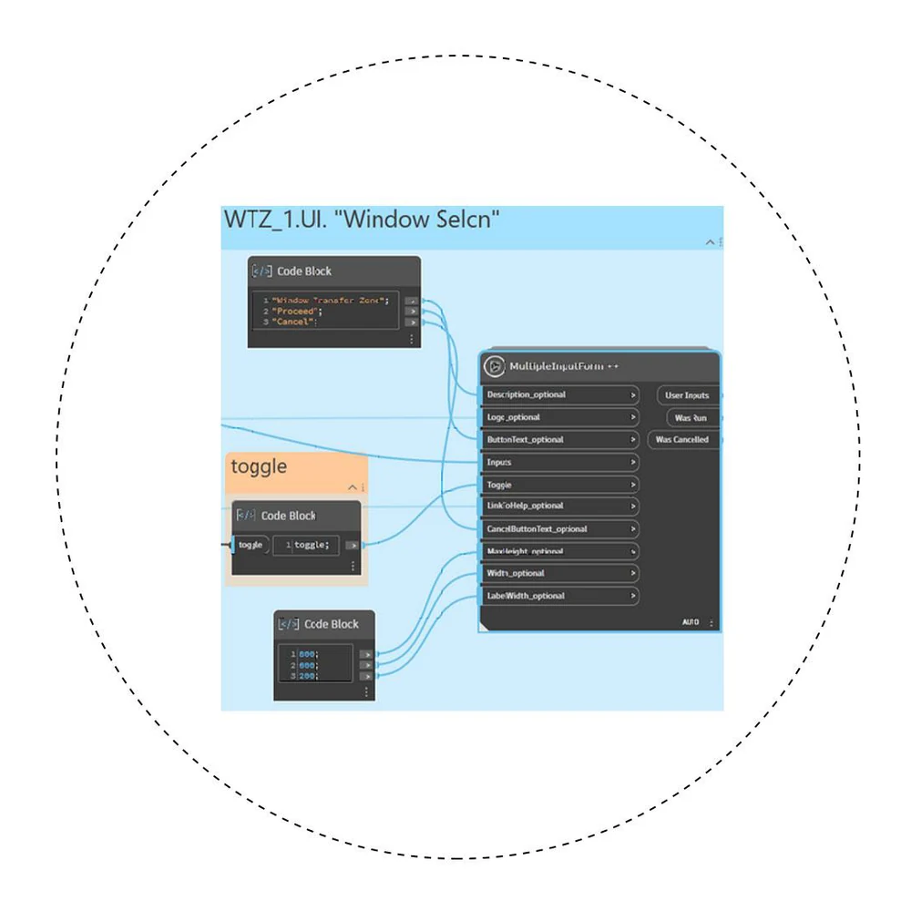Dynamo node group titled WTZ 1 UI Window Selection, wiring code blocks into a Data Shapes MultipleInputForm node