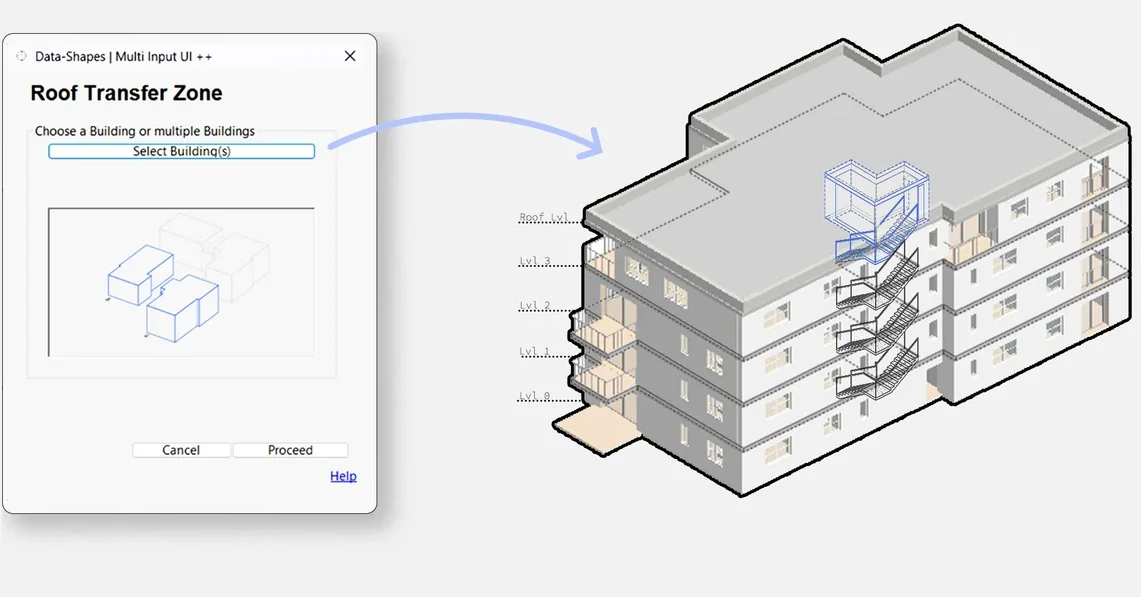 The Roof Transfer Zone dialog asking to choose one or more buildings, with an arrow to a sectional axonometric of a four-storey block where a new flight of stairs, drawn in blue, rises through the roof