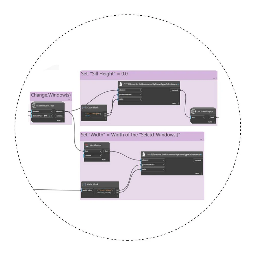 Two Dynamo node groups: one setting Sill Height to zero, the other setting Width from the selected windows