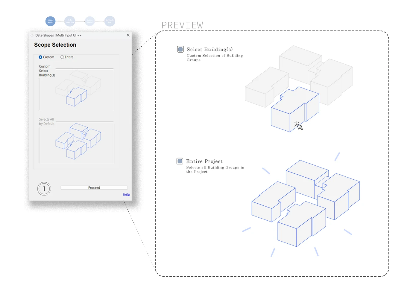 Scope Selection dialog beside an axonometric preview showing either one highlighted building group or every group in the project