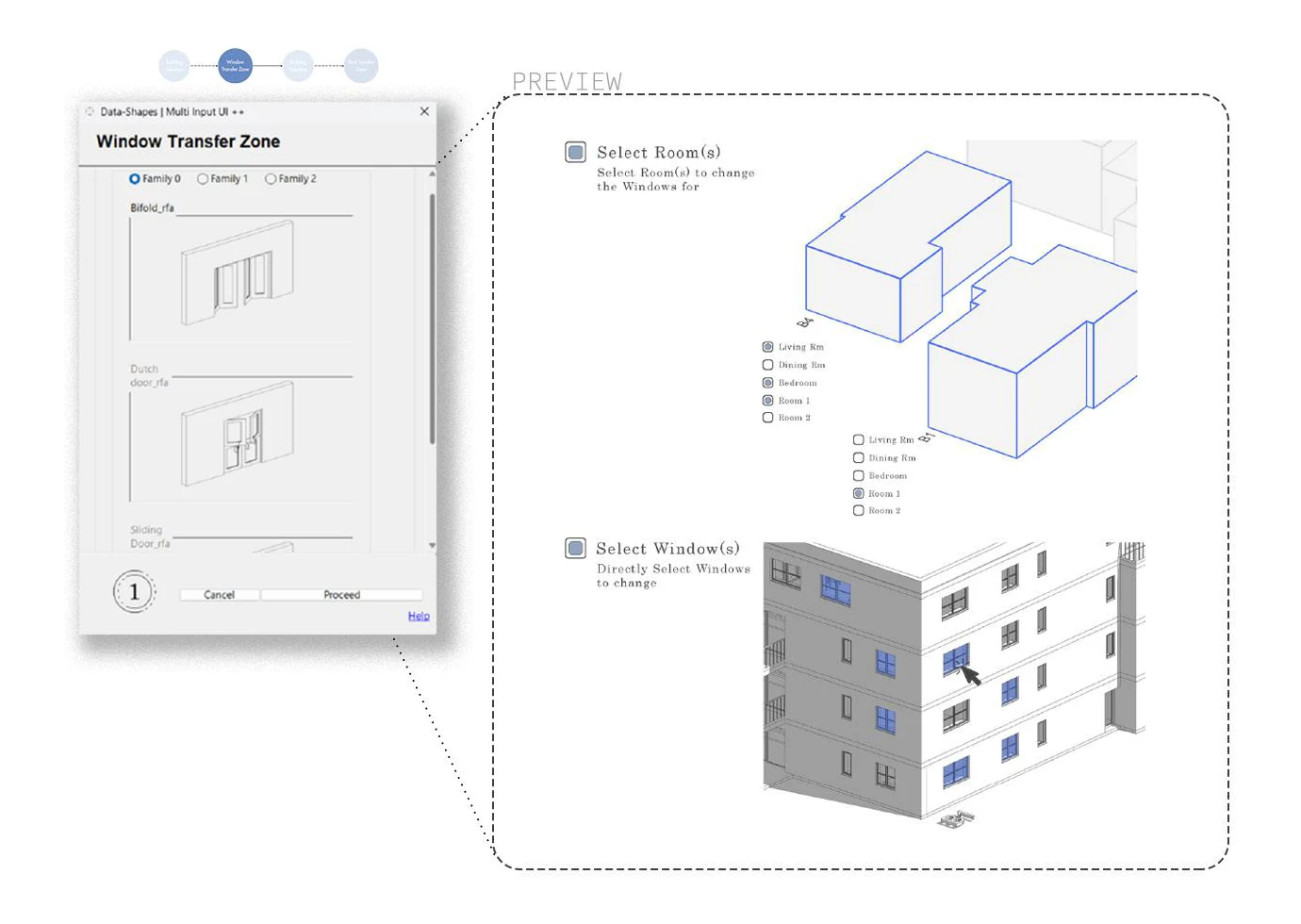 Dialog for selecting rooms or individual windows, beside a preview of a facade with the chosen windows highlighted in blue