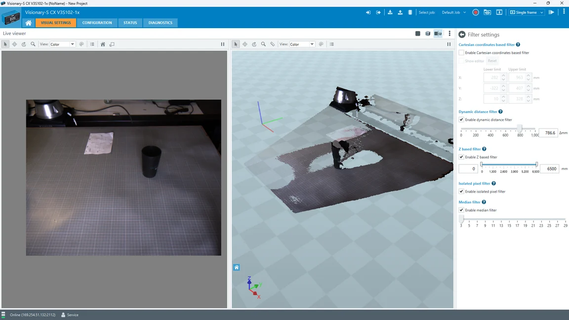 SOPAS Engineering Tool showing the same scene as a colour point cloud beside the live camera view