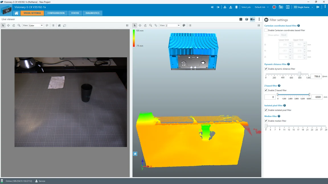 SOPAS Engineering Tool showing the scene as a depth-coloured point cloud, with the sensor model above the table and filter settings on the right
