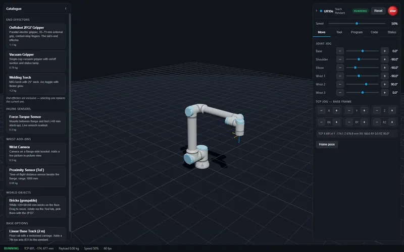 The UR10e Simulator interface: an attachment catalogue on the left, the robot arm in a 3D viewport, and the teach pendant with joint jog controls on the right