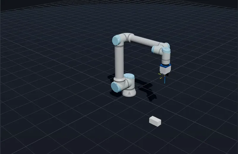 Simulated UR10e robot arm with a gripper mounted, in a dark 3D viewport